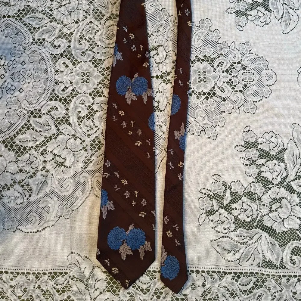 Vintage Gentry Beau Brummell Men's Repp Necktie Brown & Blue Floral Polyester